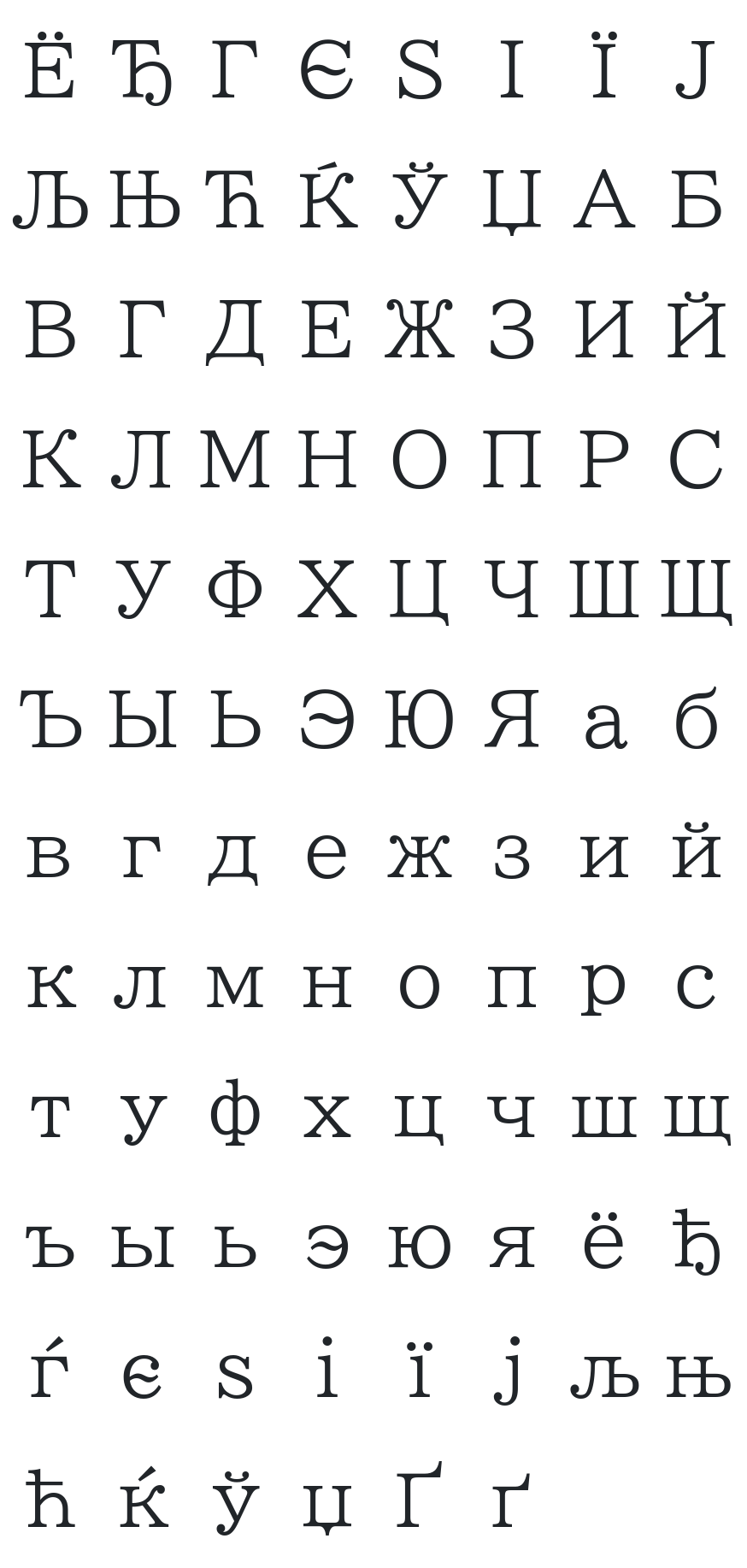 BIZ UDMincho Font Glyph Map (Cyrillic)