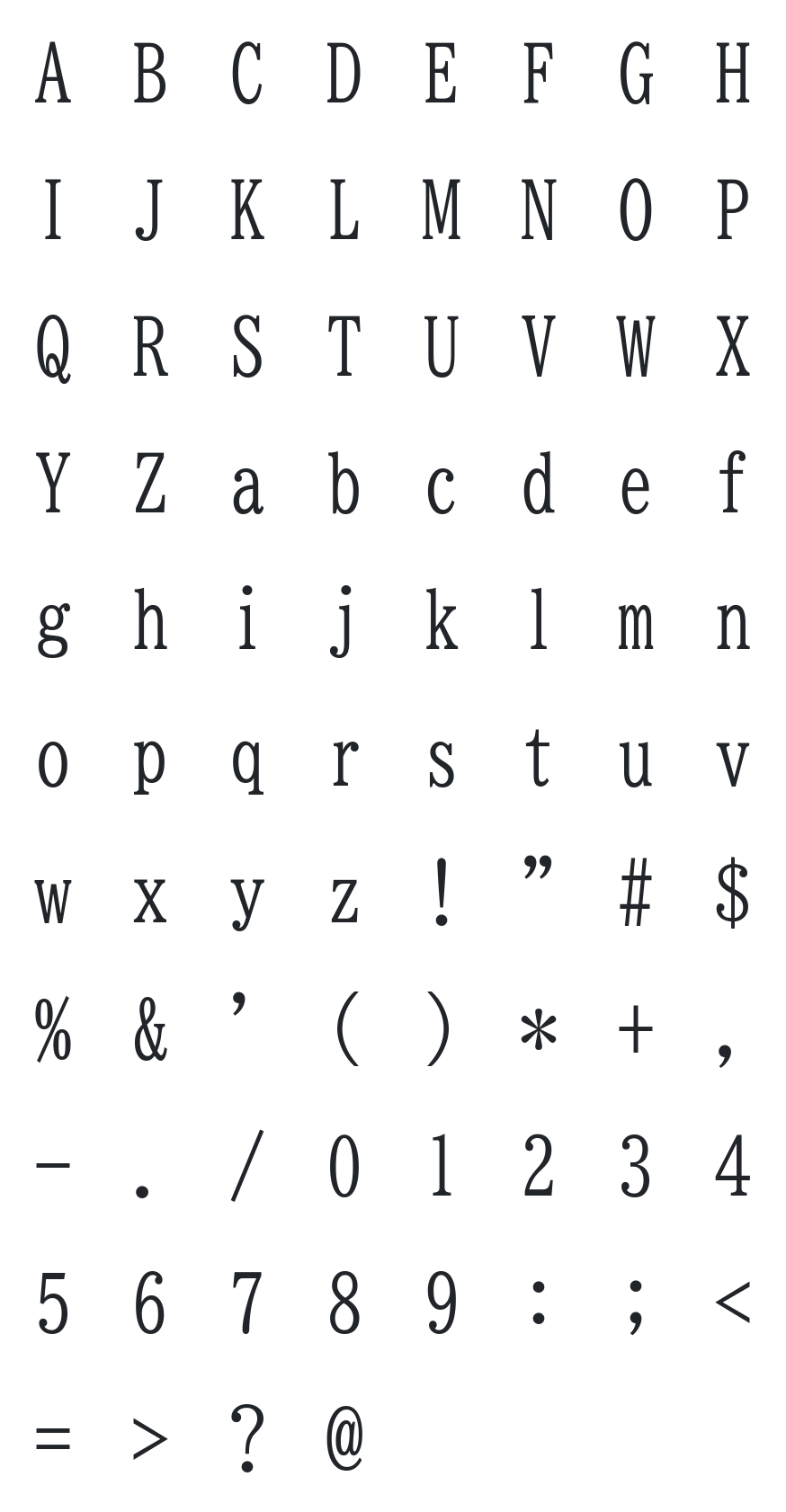 BIZ UDMincho Font Glyph Map (Latin)