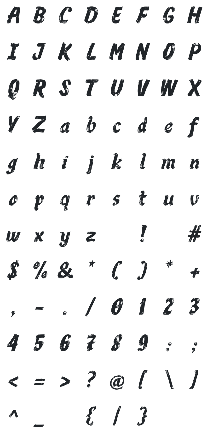 Chale Brush Font Glyph Map