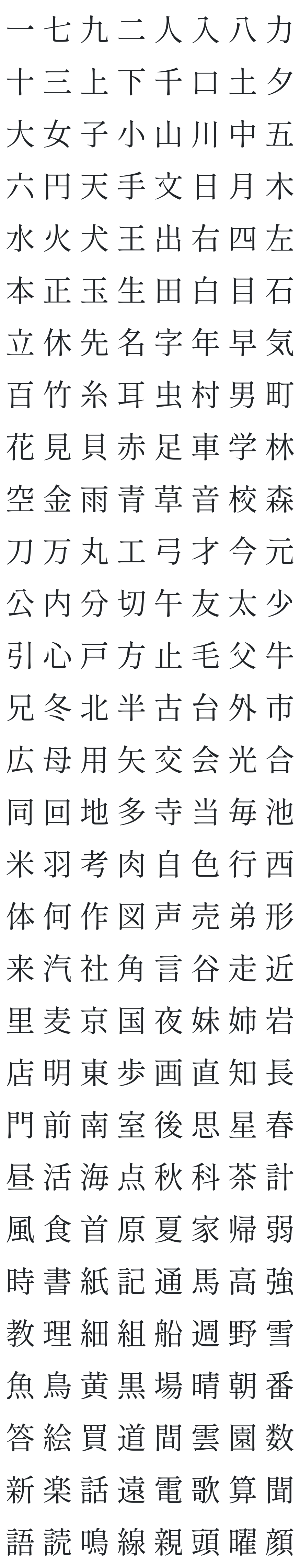 Shippori Mincho Font Glyph Map (Kanji)